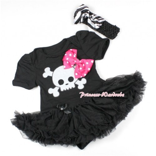 Halloween Black Baby Bodysuit Jumpsuit Black Pettiskirt With Hot Pink White Dots Ribbon Bow & White Skeleton Print With Black Headband Zebra Satin Bow JS1494 